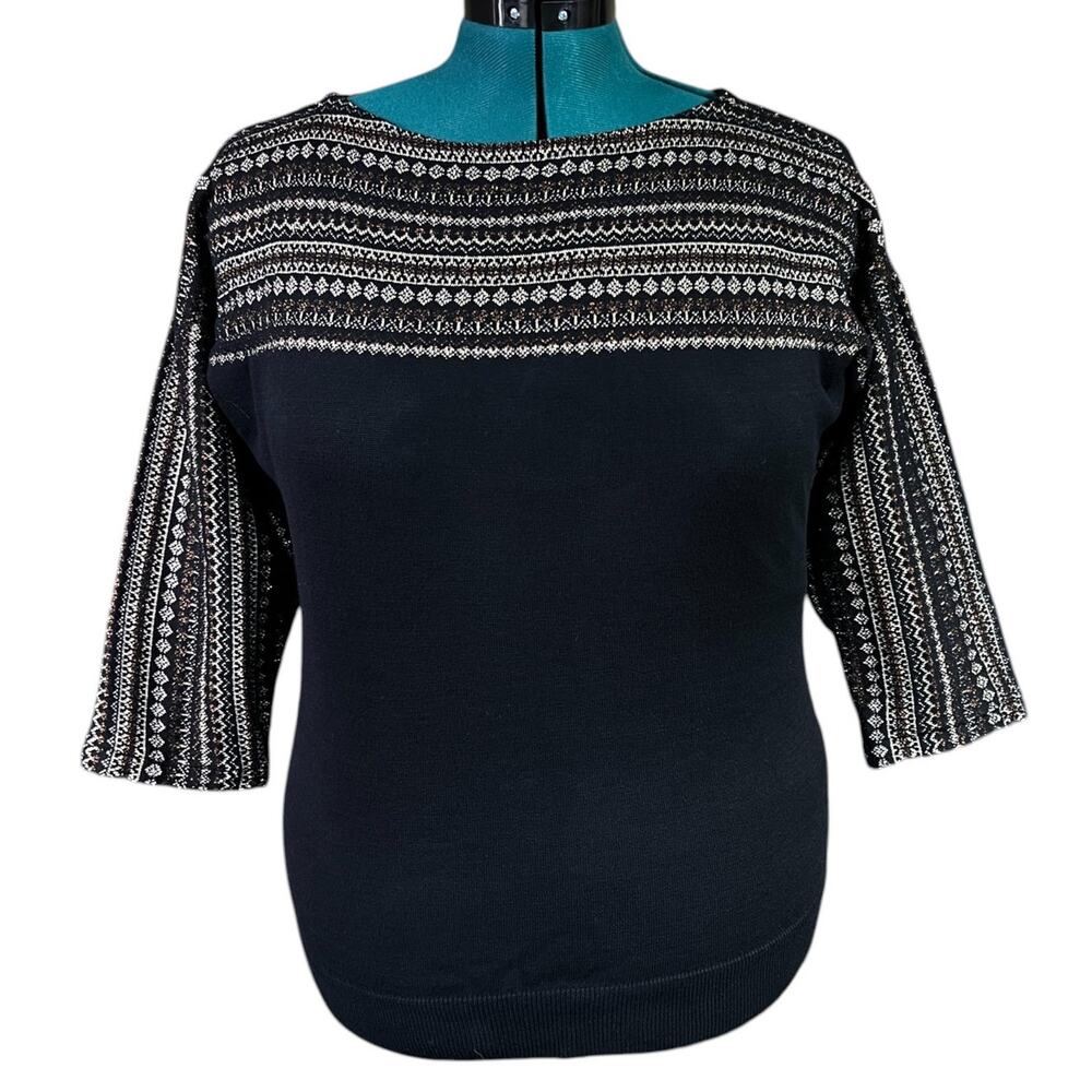 Chaps Classics Boat Neck Knit Sweater 3/4 Sleeve Petite Large Black Metallic Gol